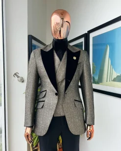 A Gold, black and silver mix metallic jacquard, peak lapel tuxedo suit