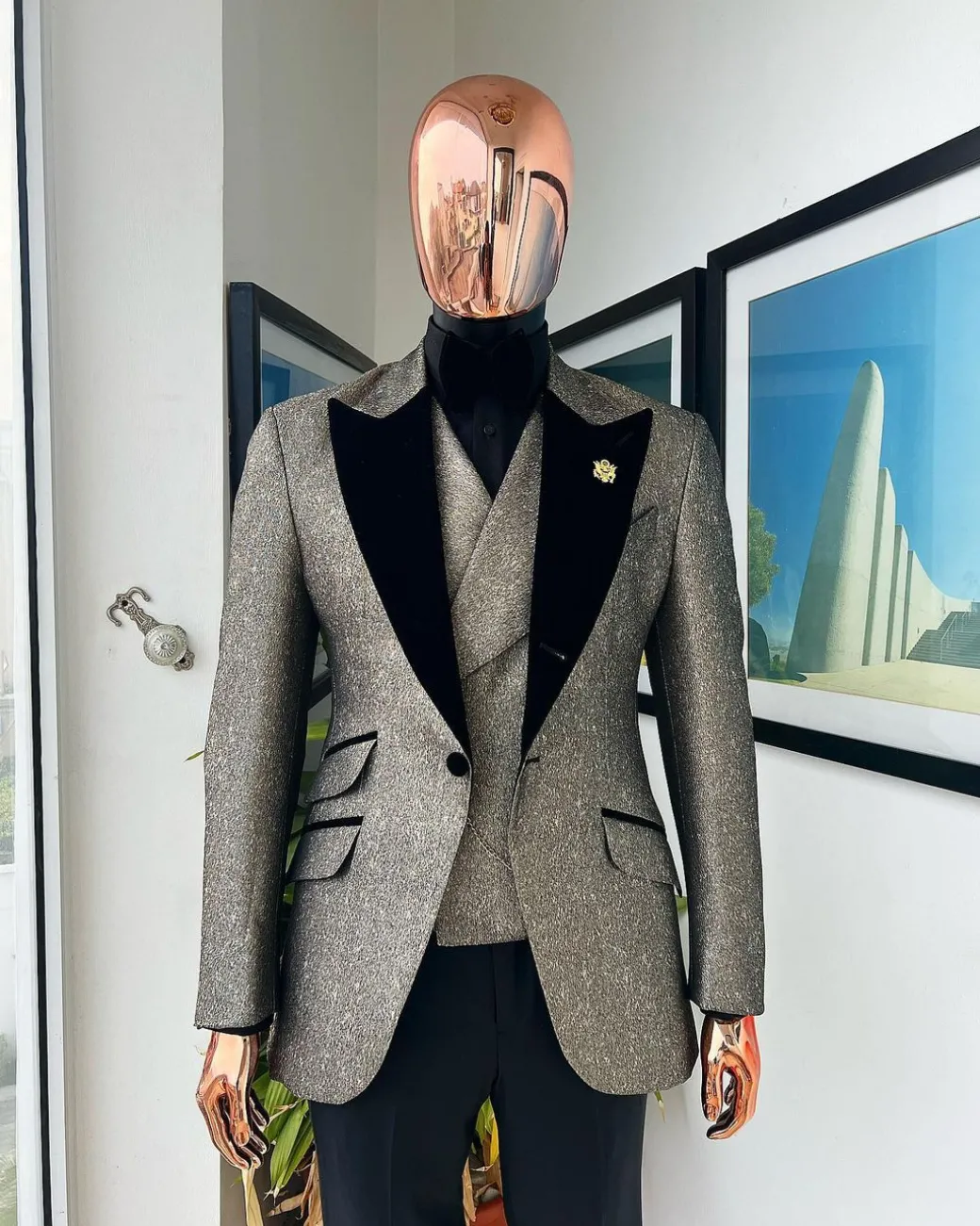 A Gold, black and silver mix metallic jacquard, peak lapel tuxedo suit
