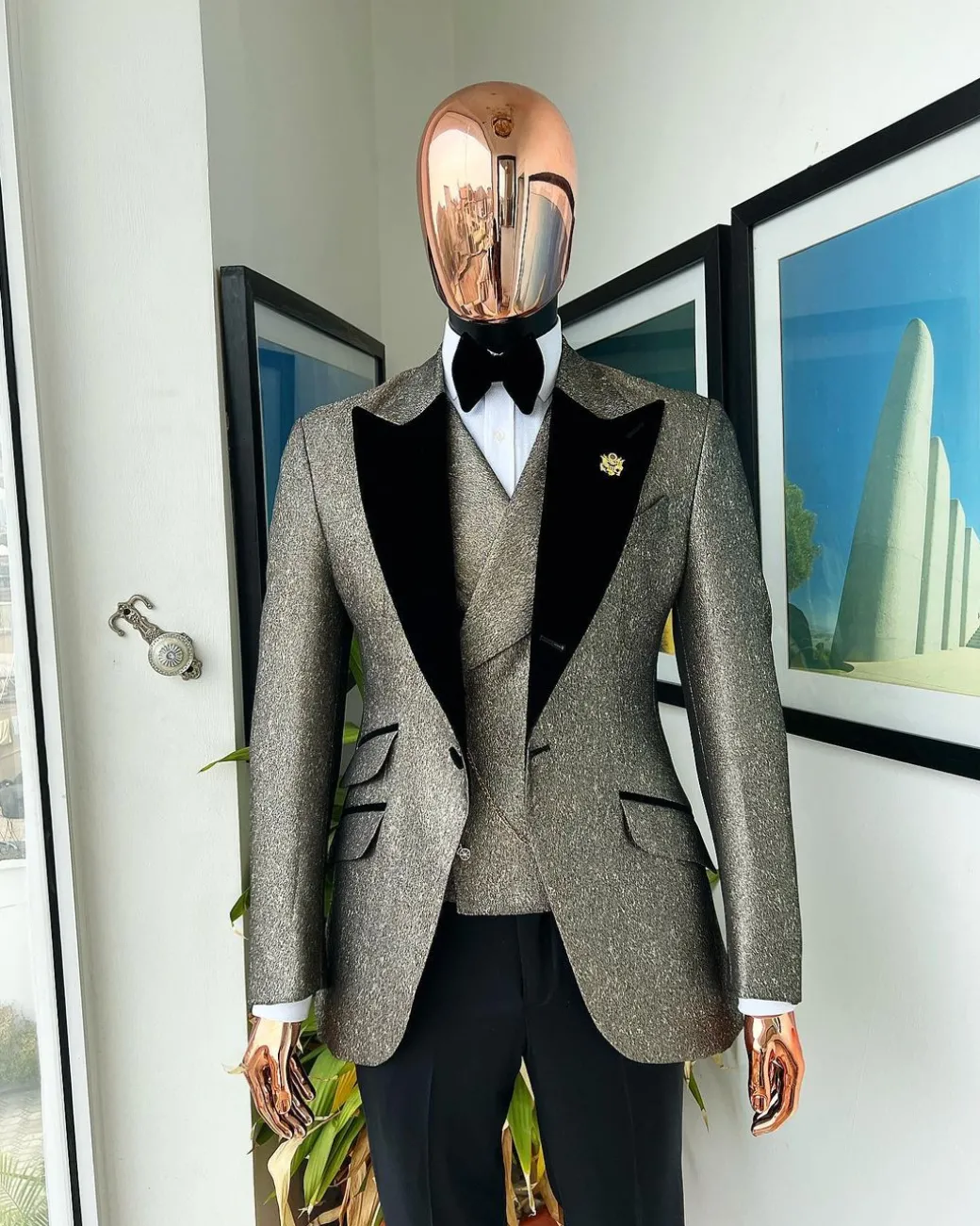 A Gold, Black And Silver Mix Metallic Jacquard, Peak Lapel Tuxedo Suit.