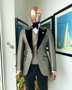 A Gold, Black And Silver Mix Metallic Jacquard, Peak Lapel Tuxedo Suit.