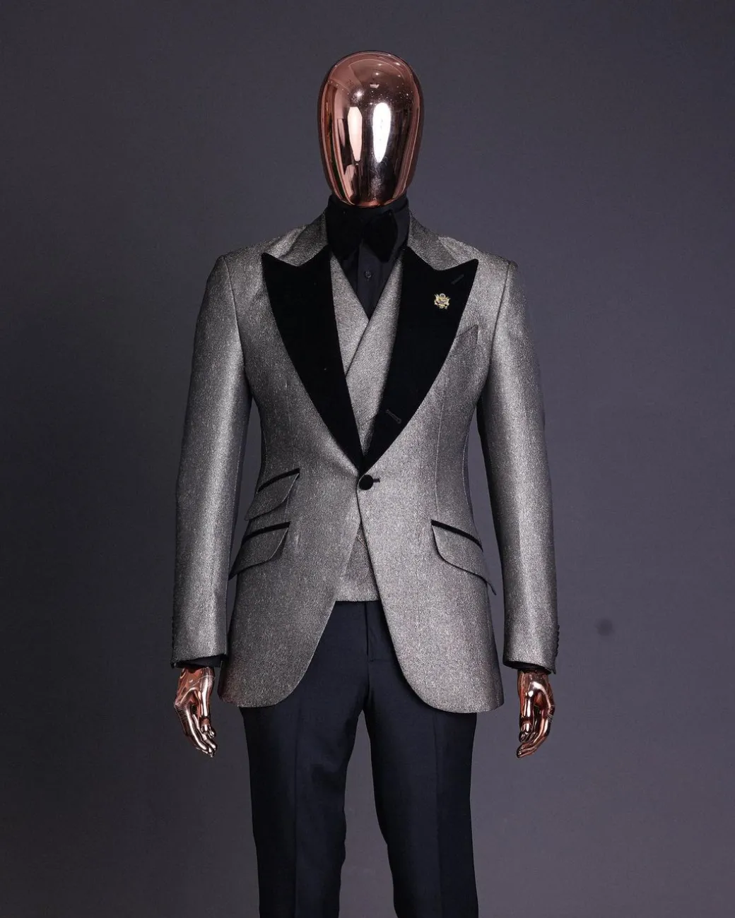 A Gold, black and silver mix metallic jacquard, peak lapel tuxedo suit