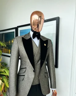 A Gold, Black And Silver Mix Metallic Jacquard, Peak Lapel Tuxedo Suit.