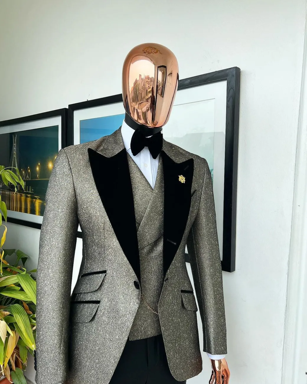 A Gold, Black And Silver Mix Metallic Jacquard, Peak Lapel Tuxedo Suit.
