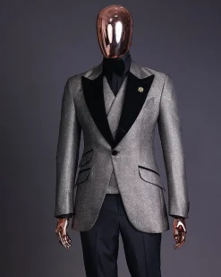 A Gold, black and silver mix metallic jacquard, peak lapel tuxedo suit