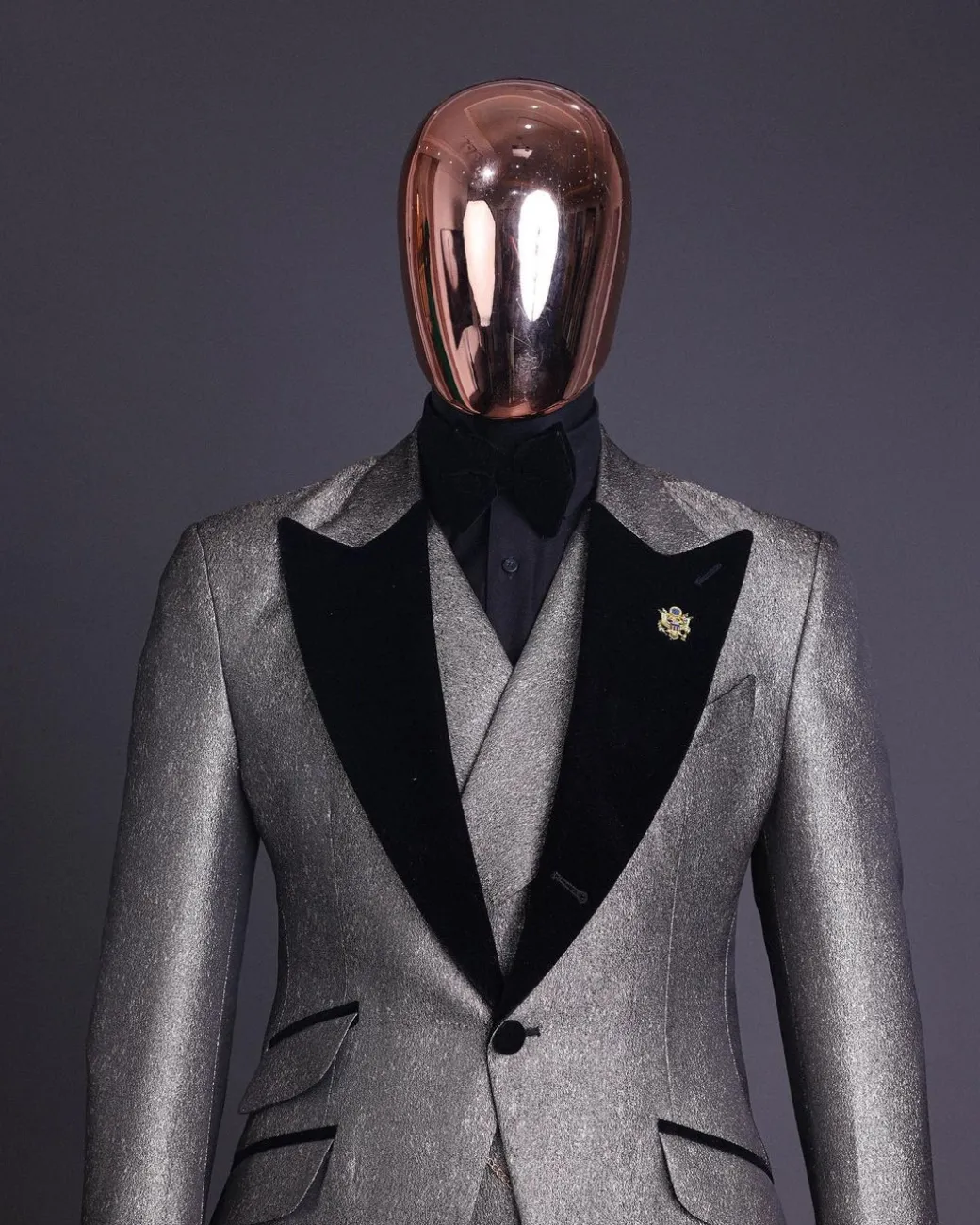 A Gold, black and silver mix metallic jacquard, peak lapel tuxedo suit