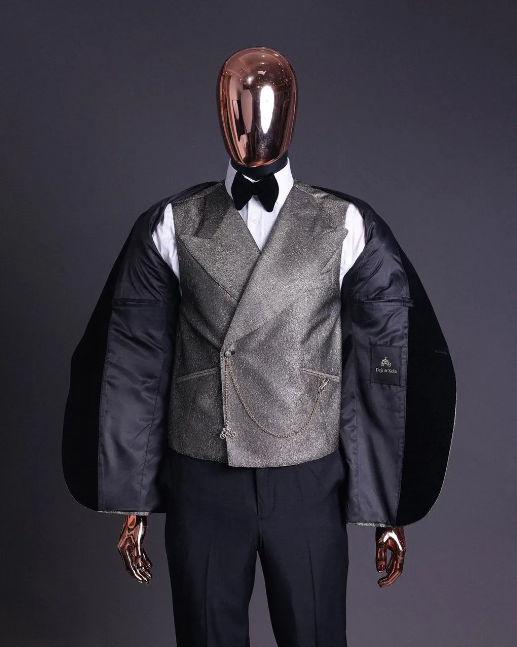 A Gold, Black And Silver Mix Metallic Jacquard, Peak Lapel Tuxedo Suit.