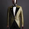 A gold metallic jacquard peak lapel tuxedo suit