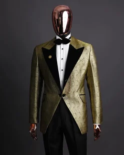 A gold metallic jacquard peak lapel tuxedo suit