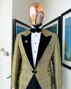 A gold metallic jacquard peak lapel tuxedo suit