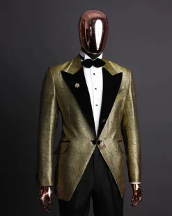 A gold metallic jacquard peak lapel tuxedo suit