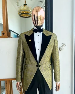 A gold metallic jacquard peak lapel tuxedo suit