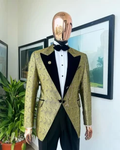 A gold metallic jacquard peak lapel tuxedo suit
