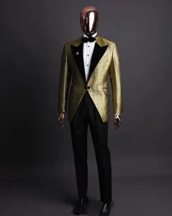 A gold metallic jacquard peak lapel tuxedo suit