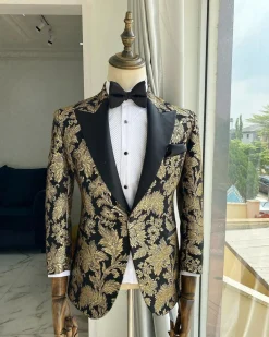 A Gold Patterned Jacquard Peak Label tuxedo suit
