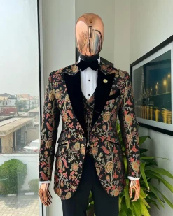 A Gold, peach & black mix metallic jacquard, peak lapel tuxedo suit