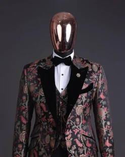 A Gold, peach & black mix metallic jacquard, peak lapel tuxedo suit