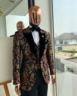 A Gold, peach & black mix metallic jacquard, peak lapel tuxedo suit