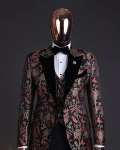A Gold, peach & black mix metallic jacquard, peak lapel tuxedo suit