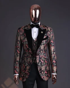 A Gold, peach & black mix metallic jacquard, peak lapel tuxedo suit