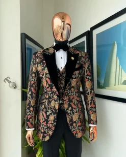 A Gold, peach & black mix metallic jacquard, peak lapel tuxedo suit