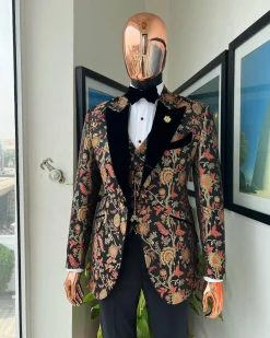 A Gold, peach & black mix metallic jacquard, peak lapel tuxedo suit