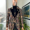 A Gold, peach and black mix metallic jacquard, peak lapel tuxedo suit