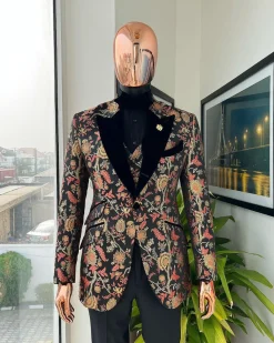 A Gold, peach and black mix metallic jacquard, peak lapel tuxedo suit