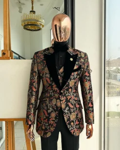A Gold, peach and black mix metallic jacquard, peak lapel tuxedo suit