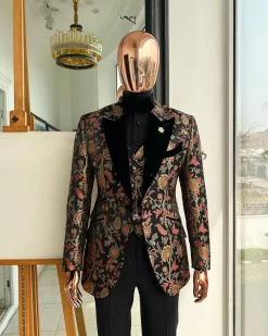 A Gold, peach and black mix metallic jacquard, peak lapel tuxedo suit
