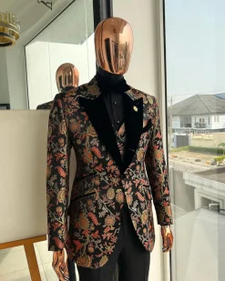 A Gold, peach and black mix metallic jacquard, peak lapel tuxedo suit