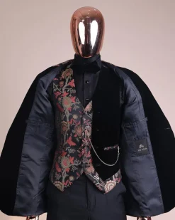 A Gold, peach and black mix metallic jacquard, peak lapel tuxedo suit