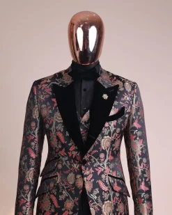 A Gold, peach and black mix metallic jacquard, peak lapel tuxedo suit