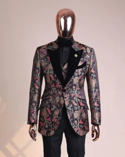 A Gold, peach and black mix metallic jacquard, peak lapel tuxedo suit
