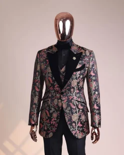 A Gold, peach and black mix metallic jacquard, peak lapel tuxedo suit