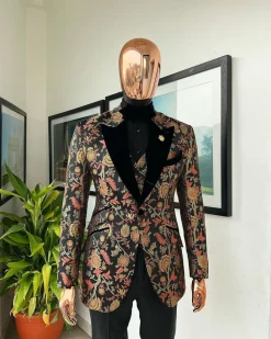 A Gold, peach and black mix metallic jacquard, peak lapel tuxedo suit