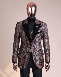 A Gold, peach and black mix metallic jacquard, peak lapel tuxedo suit