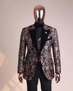 A Gold, peach and black mix metallic jacquard, peak lapel tuxedo suit