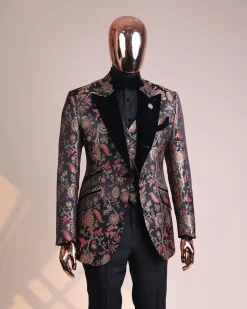 A Gold, peach and black mix metallic jacquard, peak lapel tuxedo suit