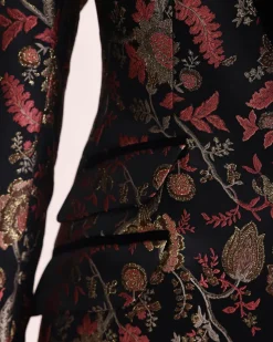 A Gold, peach and black mix metallic jacquard, peak lapel tuxedo suit