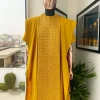 A Gold Yellow, Connected Square Embroidery Design with Matching Gold Swarovski Stone Details Agbada
