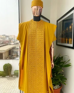 A Gold Yellow, Connected Square Embroidery Design with Matching Gold Swarovski Stone Details Agbada