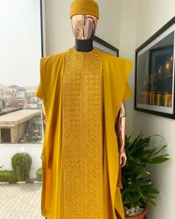 A Gold Yellow, Connected Square Embroidery Design with Matching Gold Swarovski Stone Details Agbada