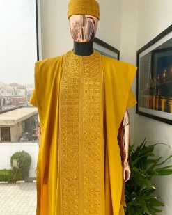 A Gold Yellow, Connected Square Embroidery Design with Matching Gold Swarovski Stone Details Agbada