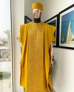 A Gold Yellow, Connected Square Embroidery Design with Matching Gold Swarovski Stone Details Agbada