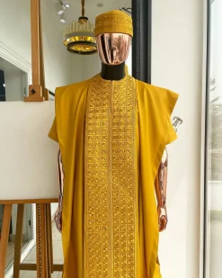 A Gold Yellow, Connected Square Embroidery Design with Matching Gold Swarovski Stone Details Agbada