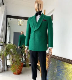 A Grass green double breasted shawl lapel floral pattern jacquard tuxedo suit