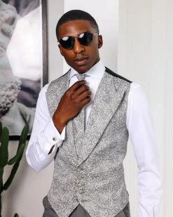 A Grey and black floral single-breasted, Peak lapel waistcoat