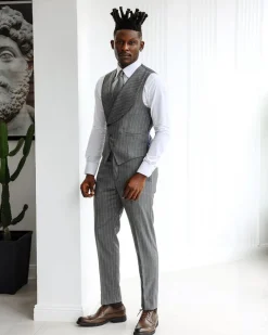 A Grey and ivory white pencil stripe, double-breasted shawl lapel waistcoat.