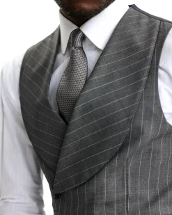A Grey and ivory white pencil stripe, double-breasted shawl lapel waistcoat.