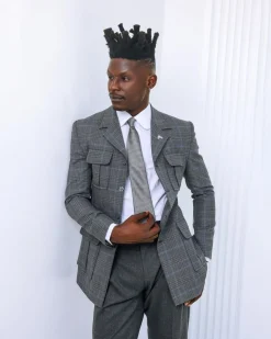 A Grey and light blue tattersall check overcoat